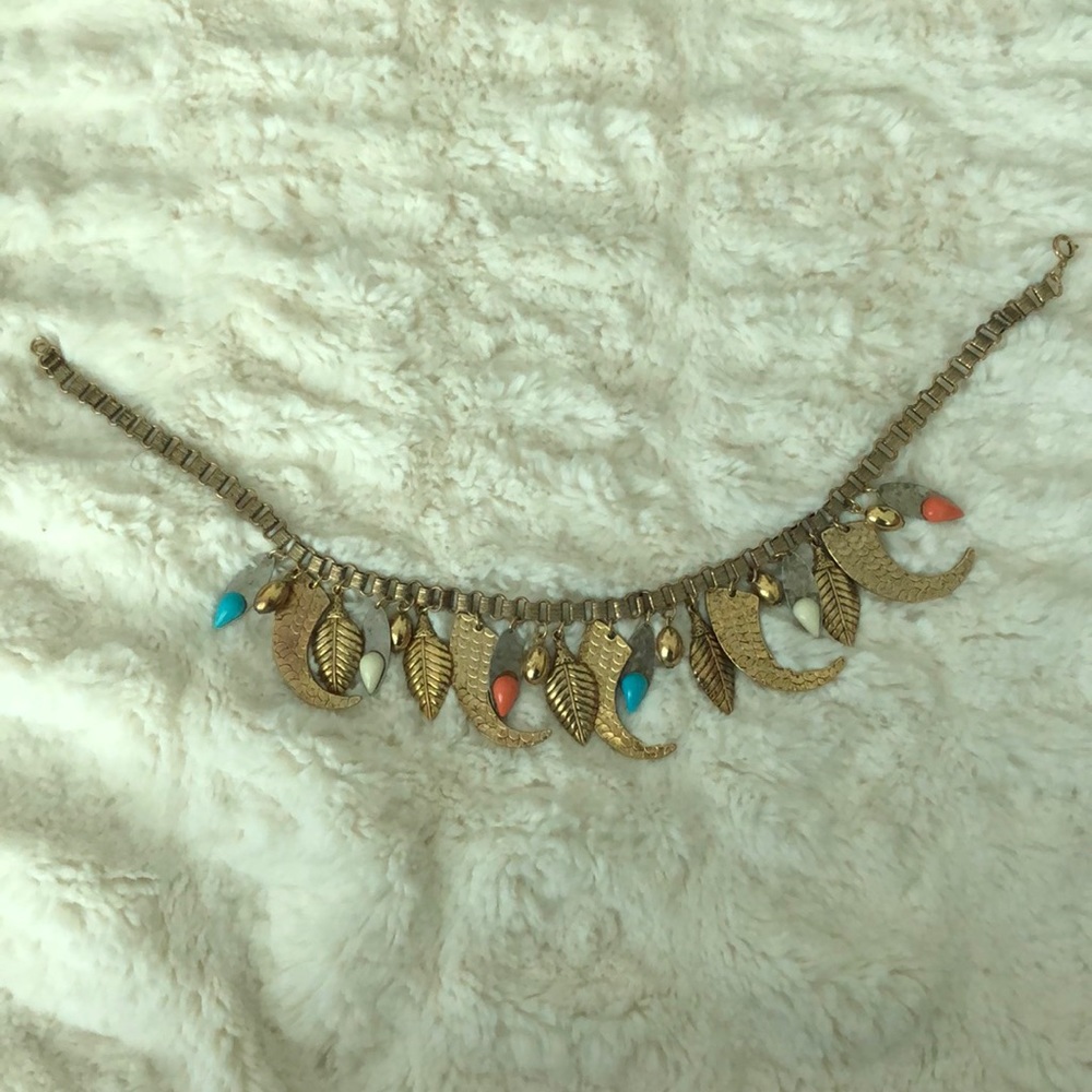 Vintage Brass Leaf, Horn, and Stone Necklace